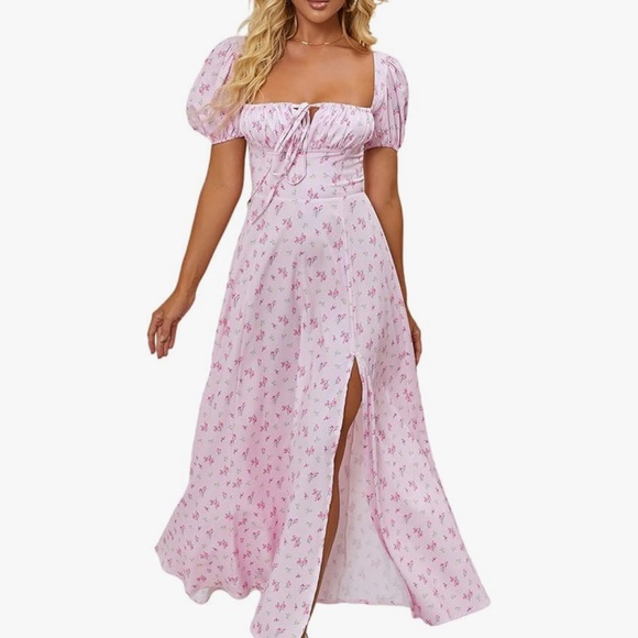 Pink Floral Puff Sleeve Dress. Never worn. It’s 60$ on Amazon right now. - Picture 1 of 3